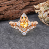 Unique Cut Kite Cut Citrine Cluster Engagement Ring Set 2pcs